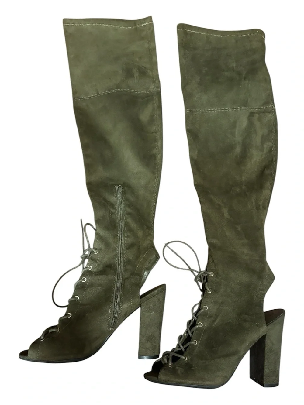 GUESS Over-the-Knee Lace-Up Peep-Toe Boots in Olive Green